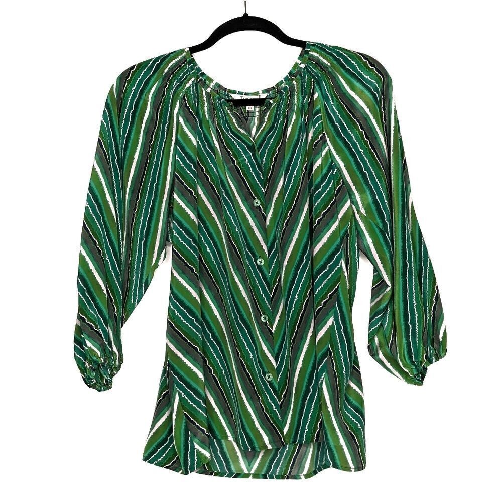Tucker The Classic Blouse Green Lorden Stripes in Silk Crepe de Chine